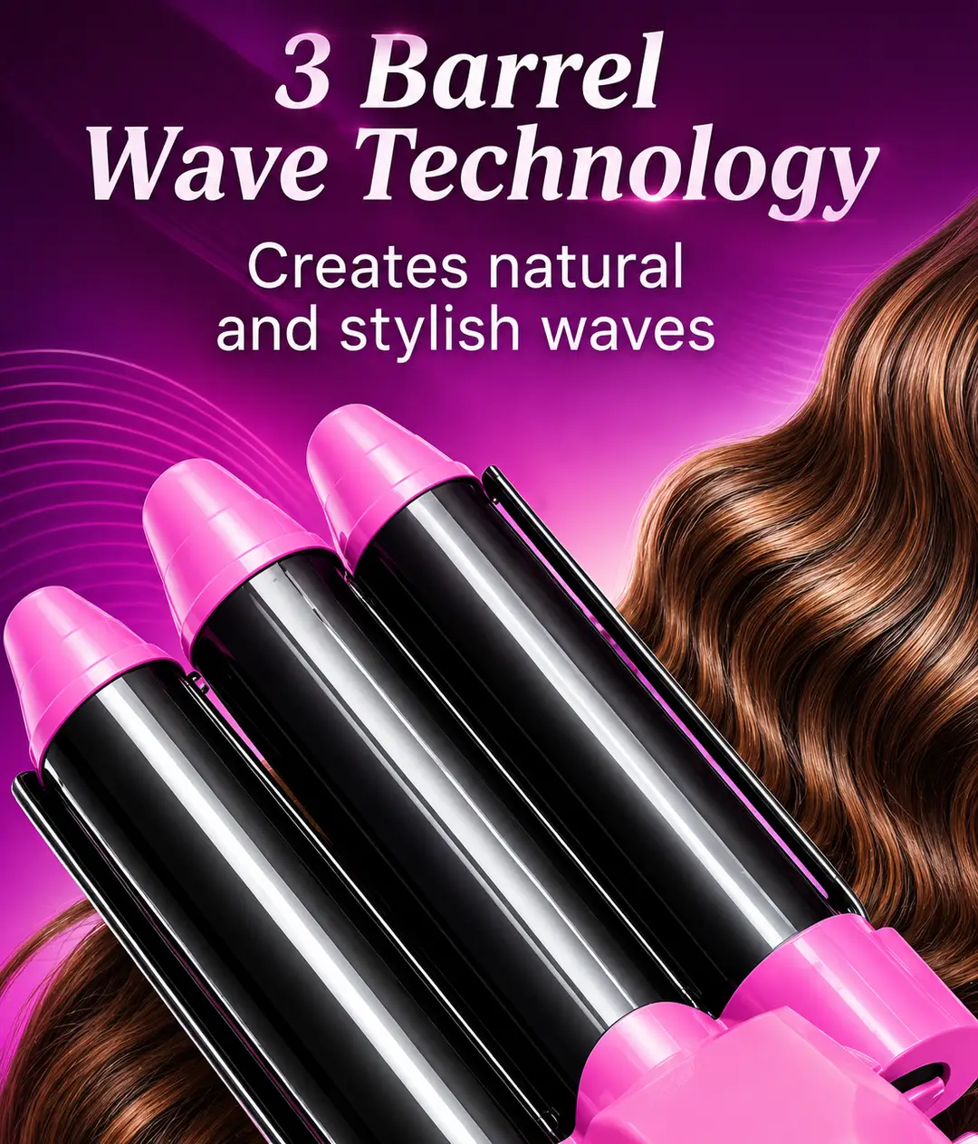 BaByverse BA-449 Professional 3 Barrel Hair Waver Curling Iron – Quick Styling Hair Curler – Pink