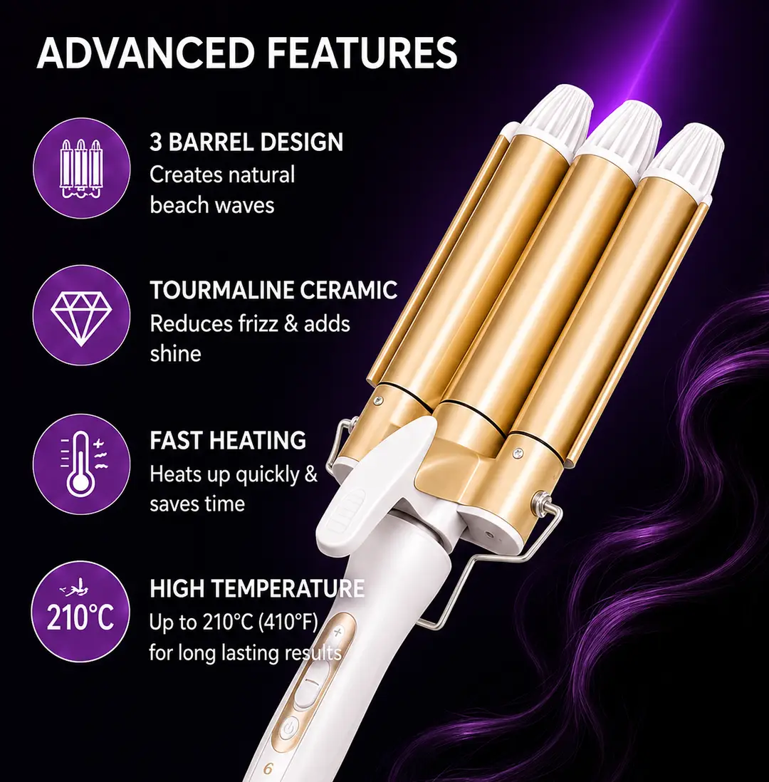 PTIKOONN Professional 3 Barrel Hair Curler Ceramic Hair Waver 60W Fast Heating Hair Styling Iron
