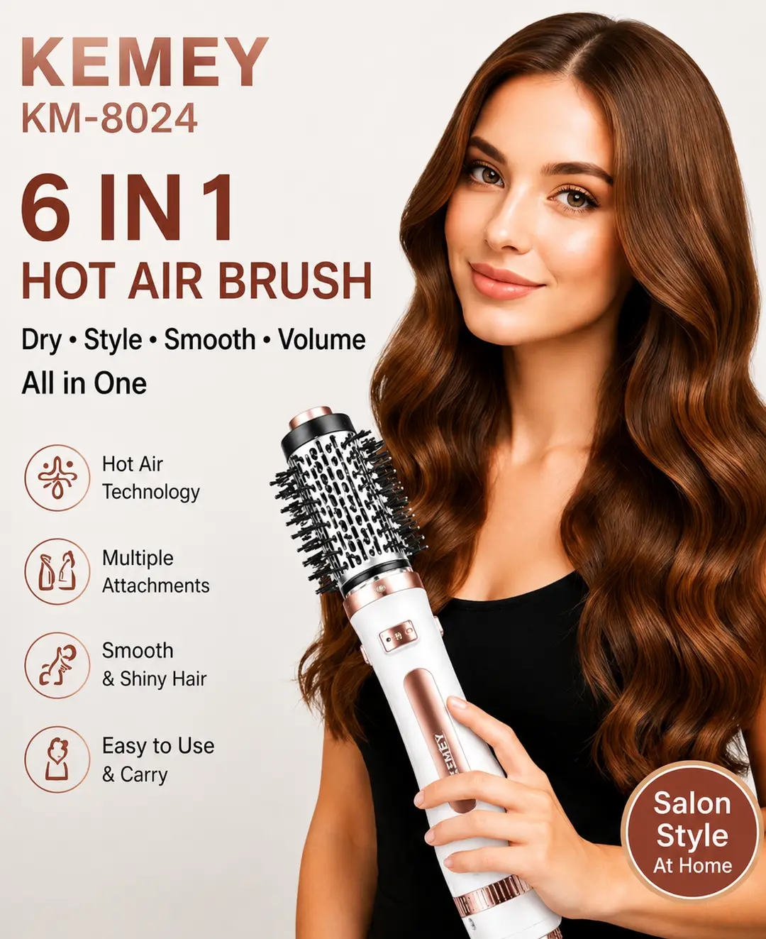 6-in-1 Hot Air Brush Hair Dryer & Styler – Multi-Functional Hair Volumizer, Smoothing & Styling Brush