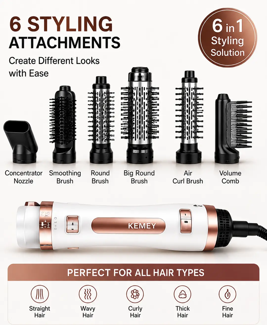 6-in-1 Hot Air Brush Hair Dryer & Styler – Multi-Functional Hair Volumizer, Smoothing & Styling Brush