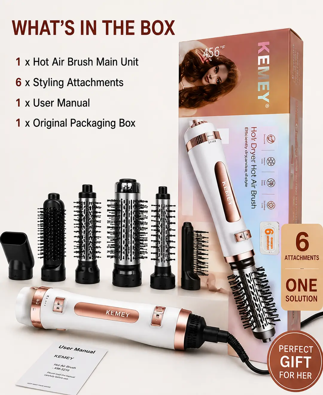 6-in-1 Hot Air Brush Hair Dryer & Styler – Multi-Functional Hair Volumizer, Smoothing & Styling Brush