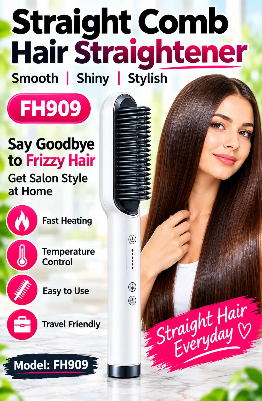 FH909 Hair Straightening Comb – Temperature Control Ceramic Hair Brush, Fast Heating Hair Styler for Smooth & Frizz-Free Hair