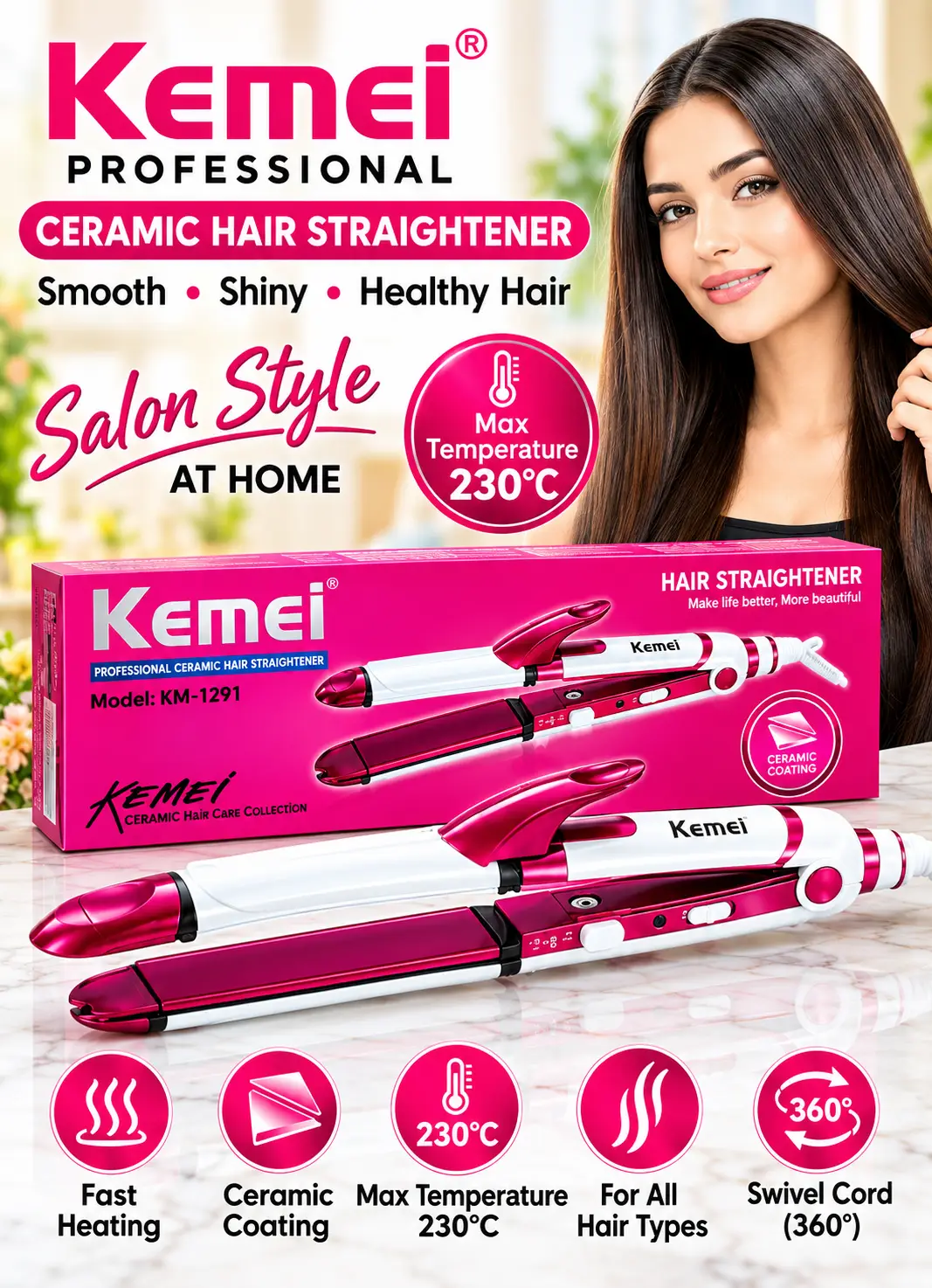 Kemei KM-1291 3-in-1 Professional Hair Straightener & Styler