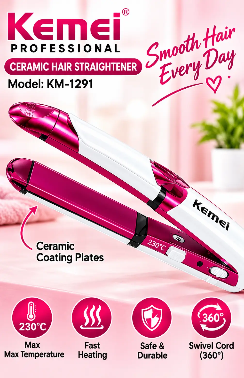 Kemei KM-1291 3-in-1 Professional Hair Straightener & Styler