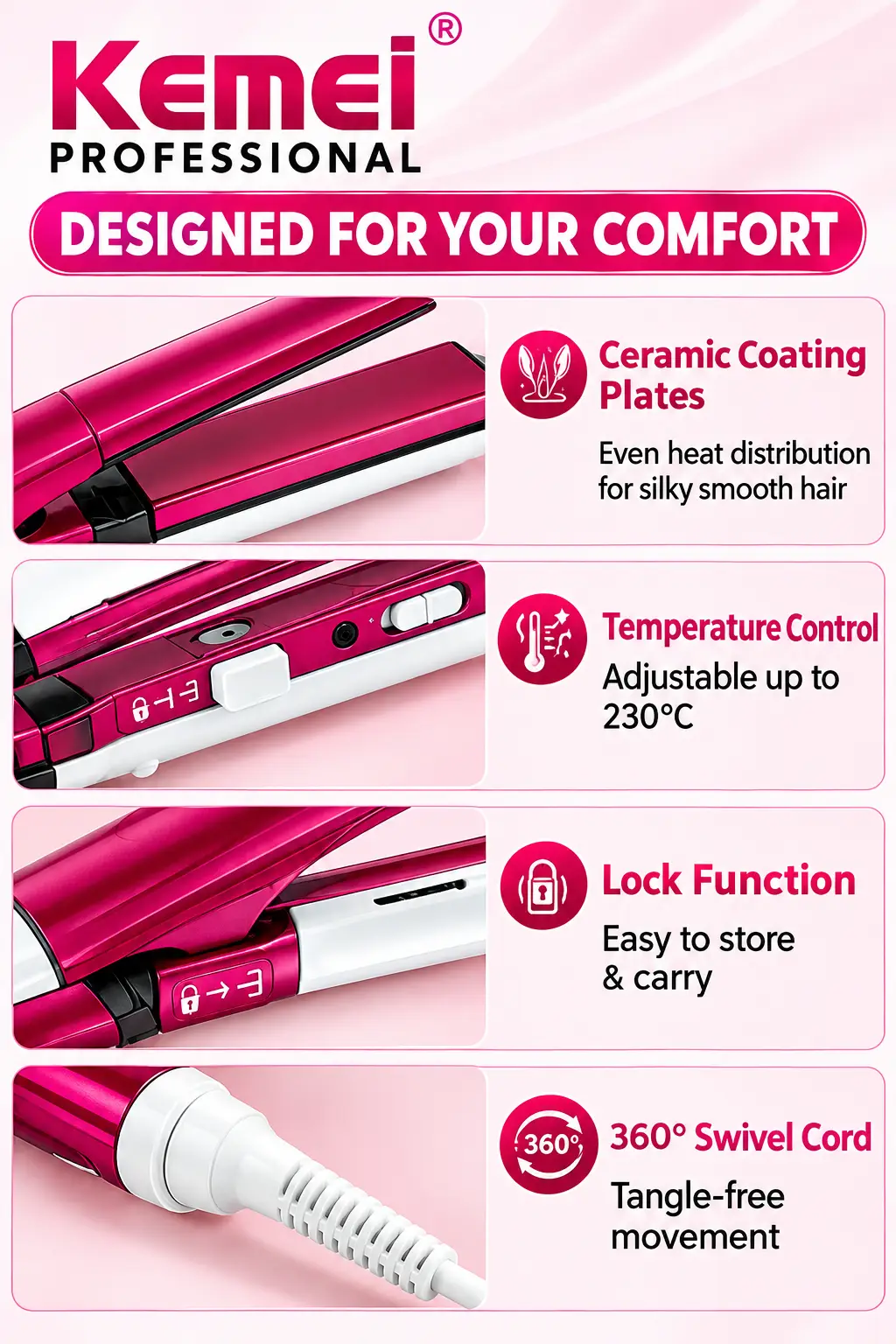 Kemei KM-1291 3-in-1 Professional Hair Straightener & Styler