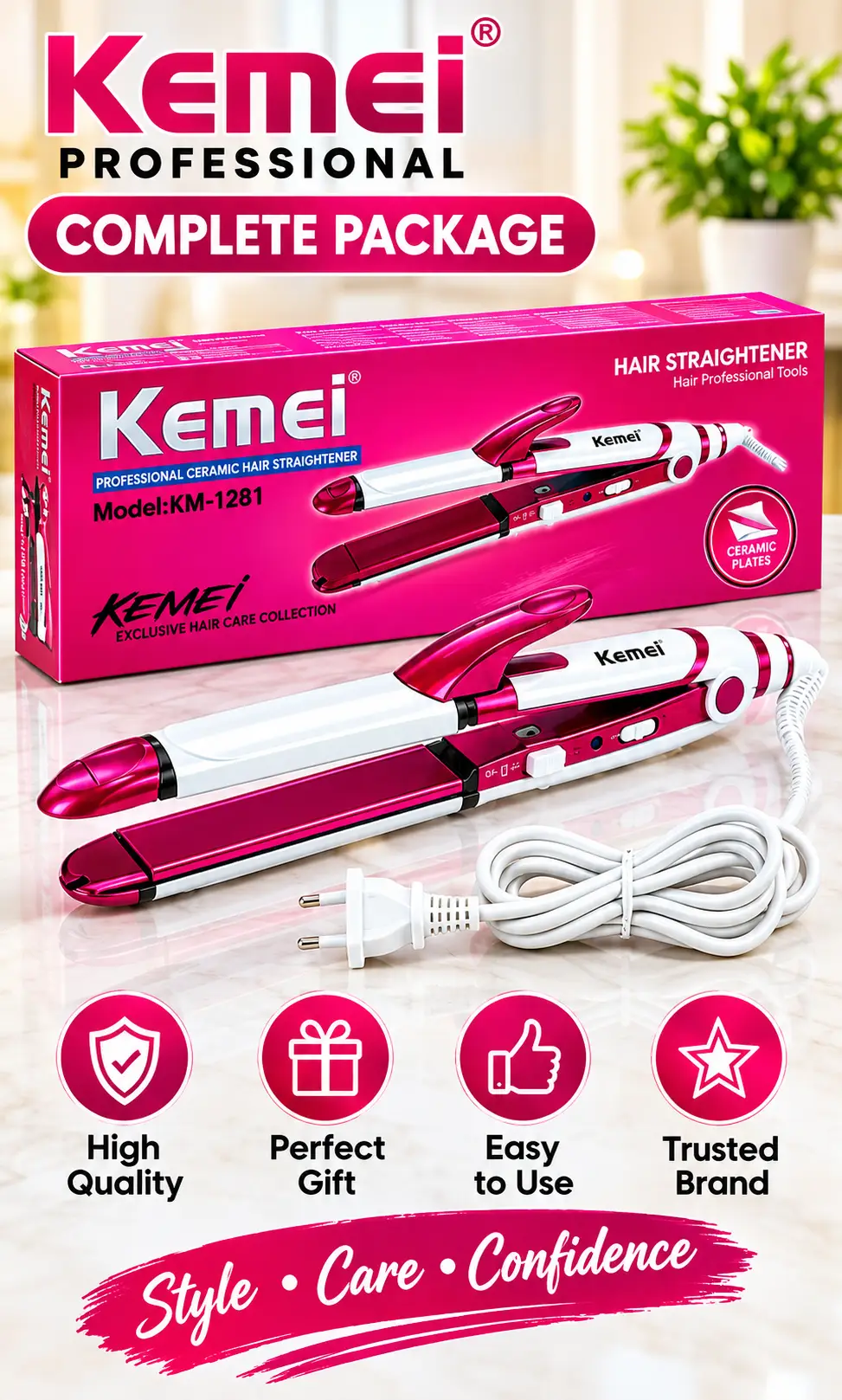 Kemei KM-1291 3-in-1 Professional Hair Straightener & Styler
