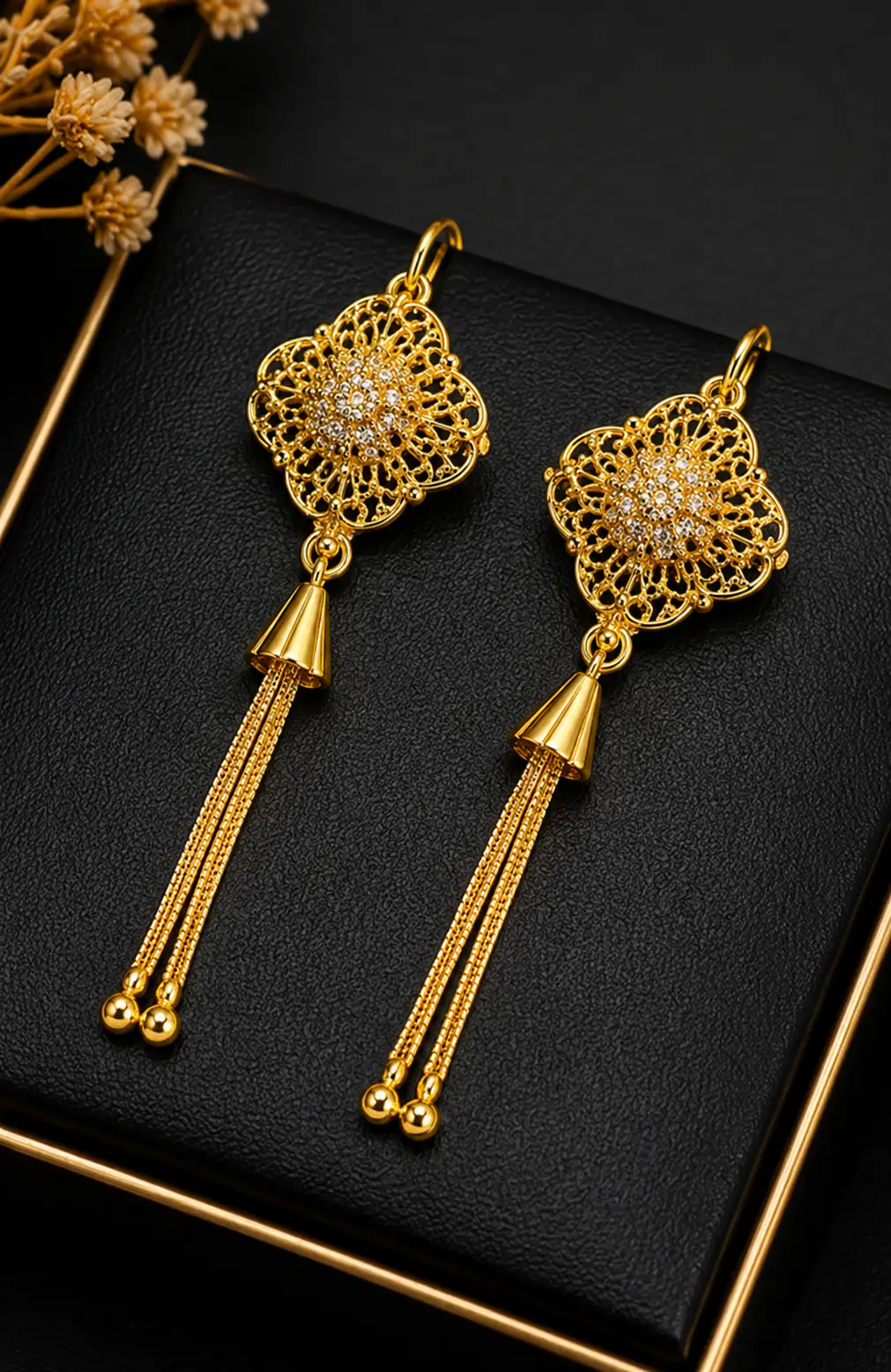 Elegant Golden Long Drop Earrings for Women – Stylish Traditional Jewelry