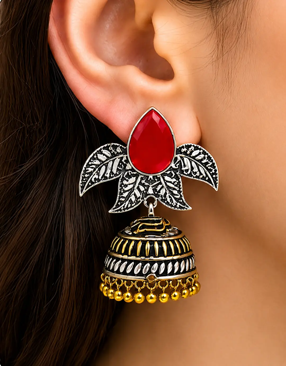 Elegant Leaf Oxidized Jhumka Earrings