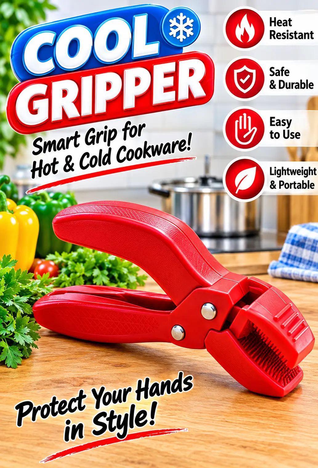 Cool Gripper Kitchen Tongs – Heat Resistant Hot Plate & Pan Lifter, Multi-Purpose Cooking Grip Tool