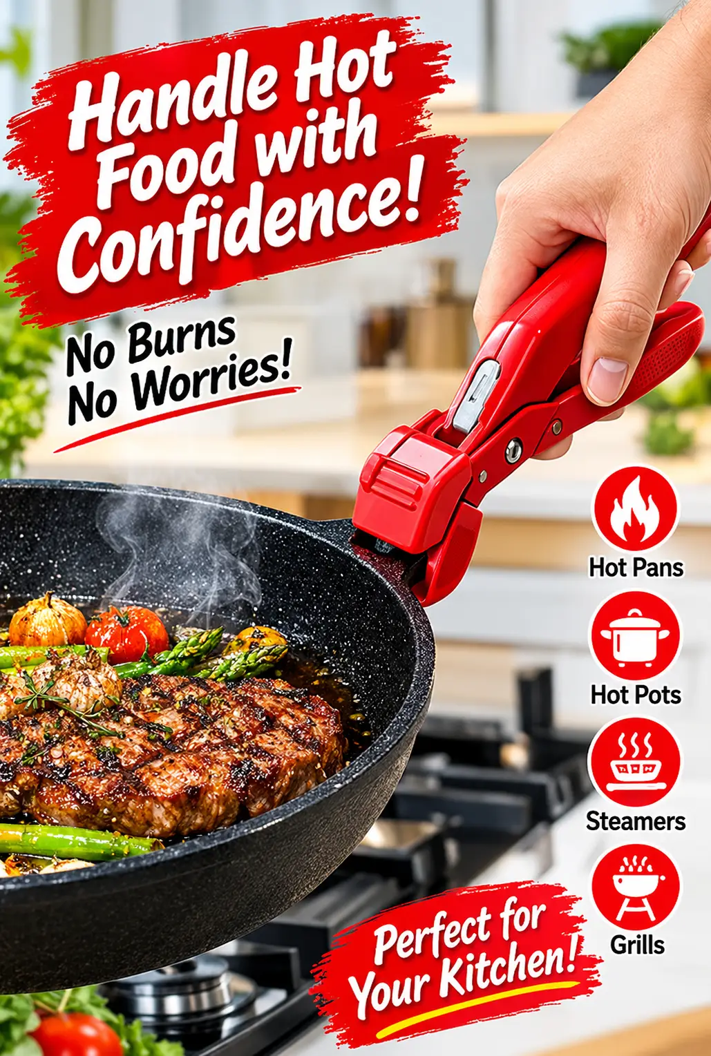 Cool Gripper Kitchen Tongs – Heat Resistant Hot Plate & Pan Lifter, Multi-Purpose Cooking Grip Tool