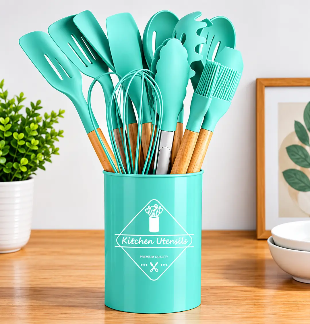 Premium 12 Pcs Silicone Kitchen Utensils Set with Wooden Handles – Heat Resistant Non-Stick Cooking Tools