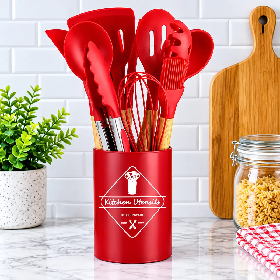 Premium 12 Pcs Silicone Kitchen Utensils Set with Wooden Handles – Heat Resistant Non-Stick Cooking Tools