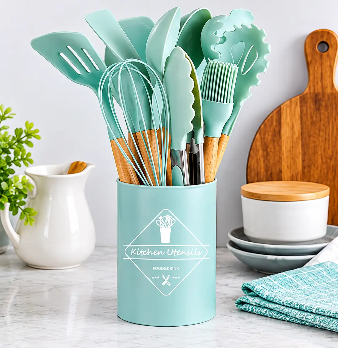 Premium 12 Pcs Silicone Kitchen Utensils Set with Wooden Handles – Heat Resistant Non-Stick Cooking Tools