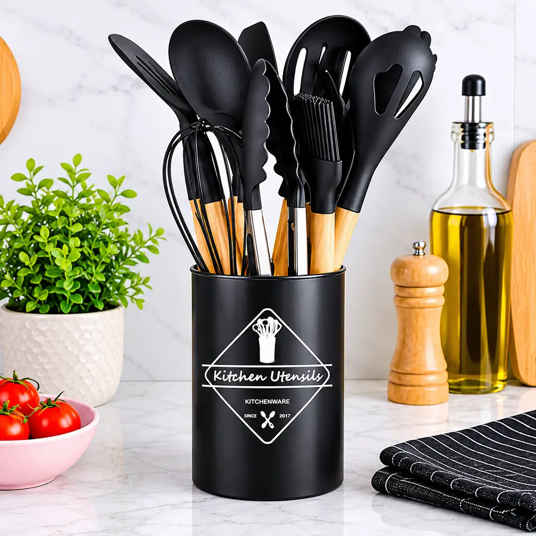 Premium 12 Pcs Silicone Kitchen Utensils Set with Wooden Handles – Heat Resistant Non-Stick Cooking Tools