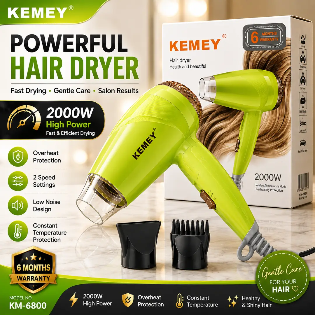 KEMEY KM-6821 Professional Hair Dryer 2000W | Hot & Cool Air | Foldable Handle | Overheat Protection