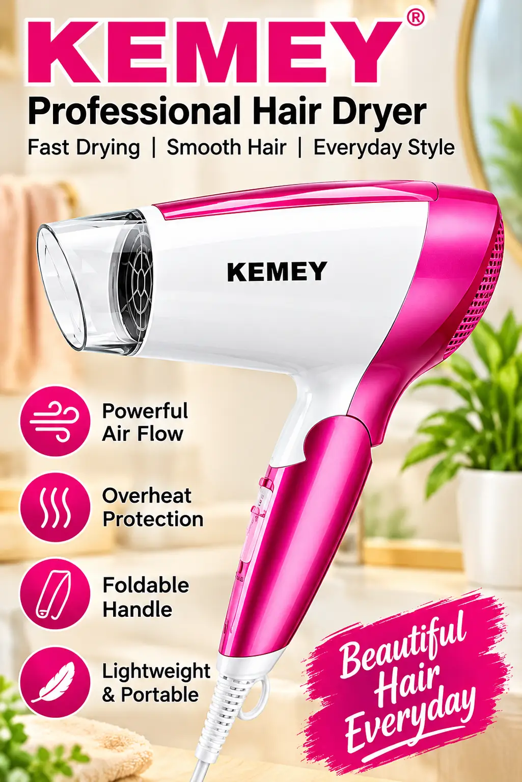 KEMEY Professional Hair Dryer for Women & Men
