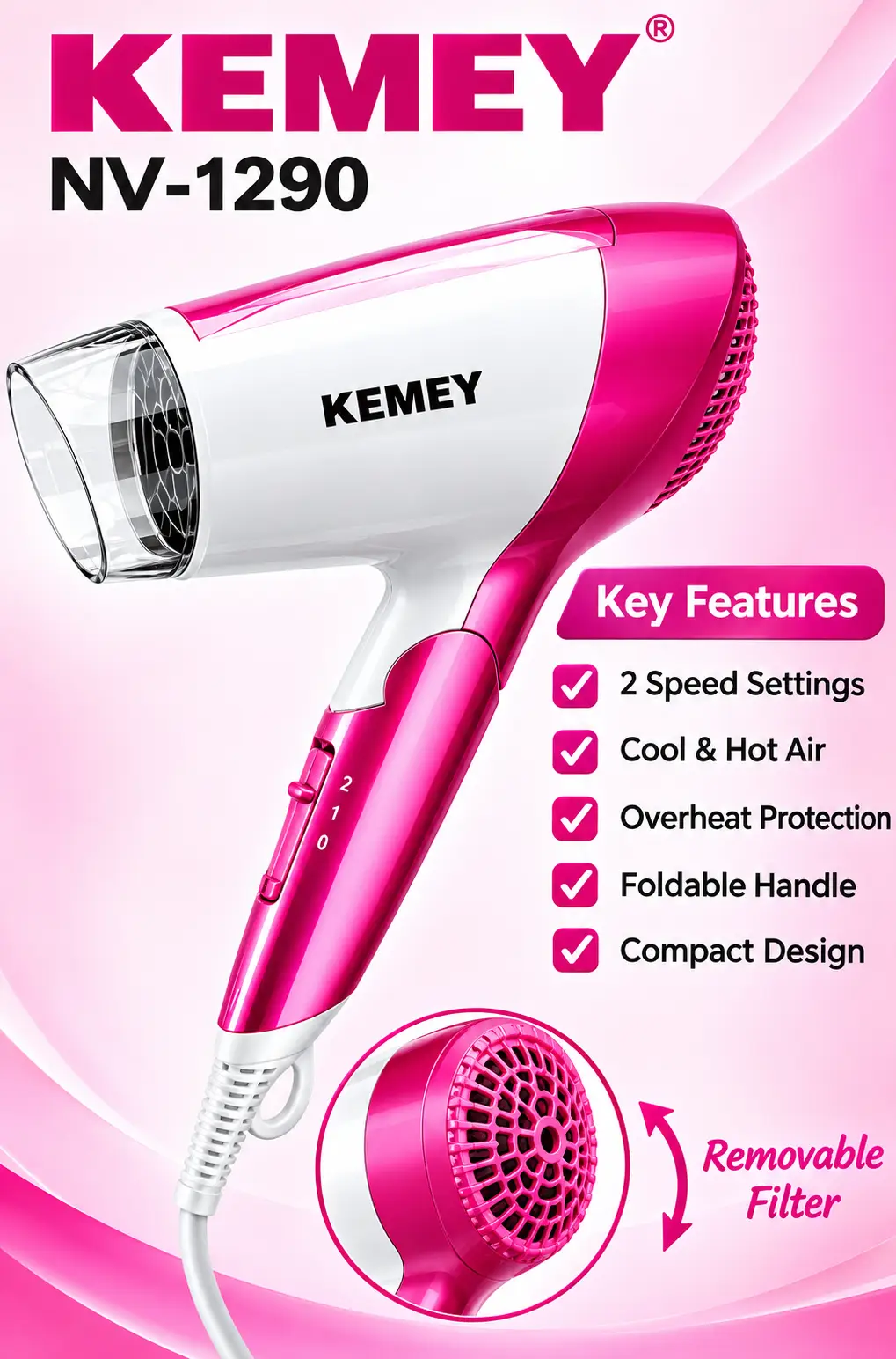 KEMEY Professional Hair Dryer for Women & Men