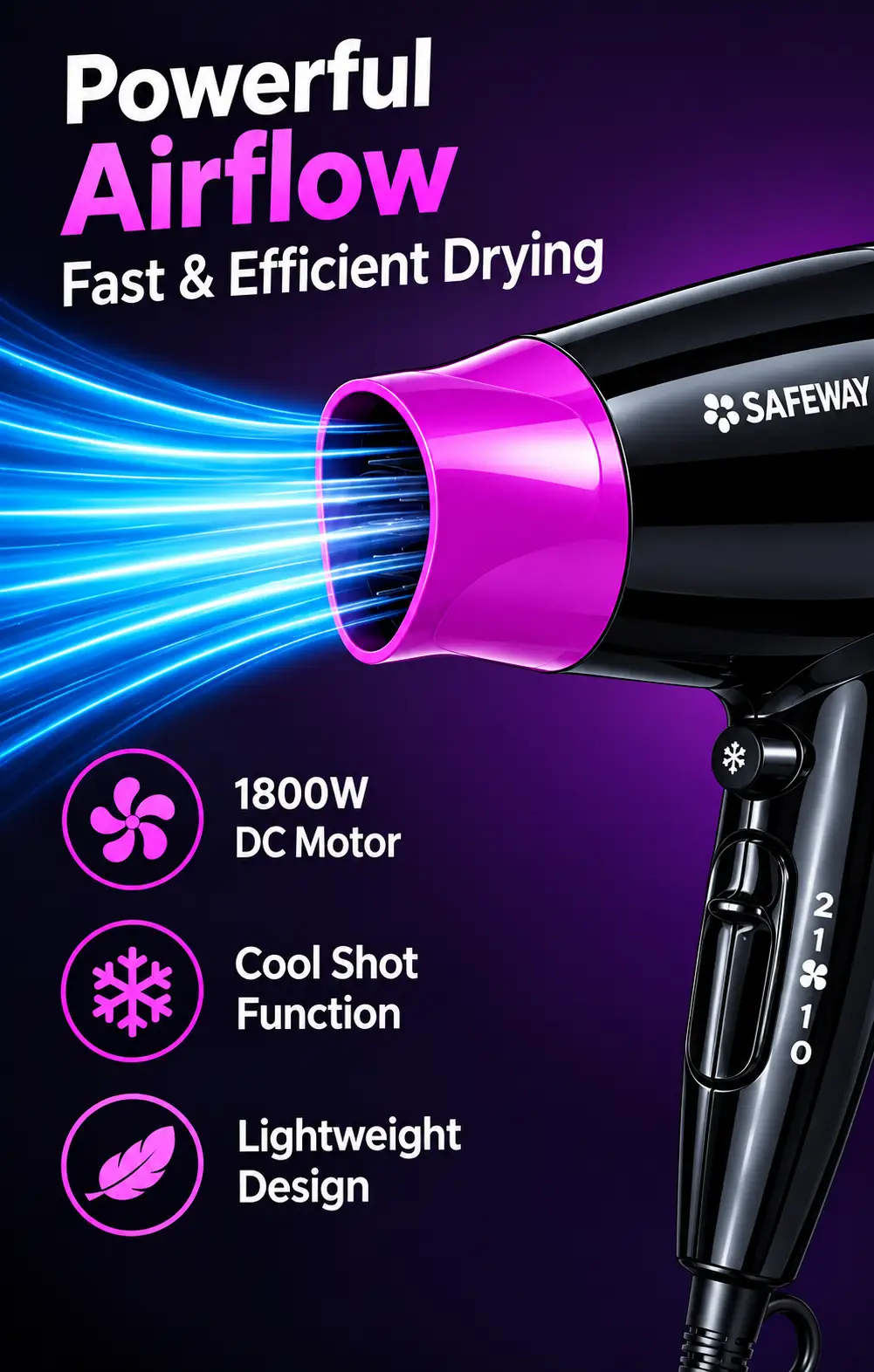 SAFEWAY 1800W Lightweight Hair Dryer with Cool Shot Function
