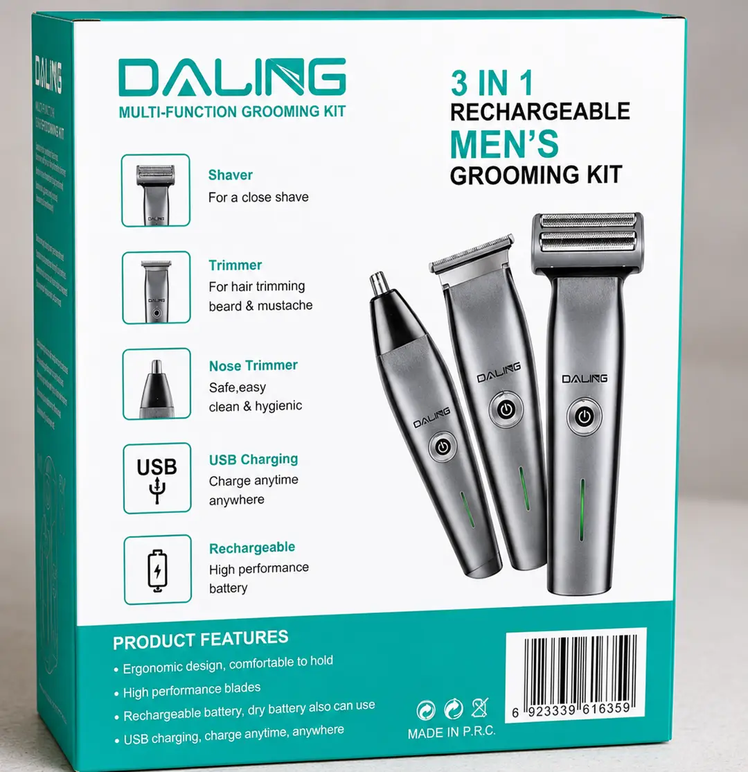 DALING DL-9218 3-in-1 Rechargeable Men's Grooming Kit | Trimmer, Shaver & Nose Hair Trimmer | USB Charging