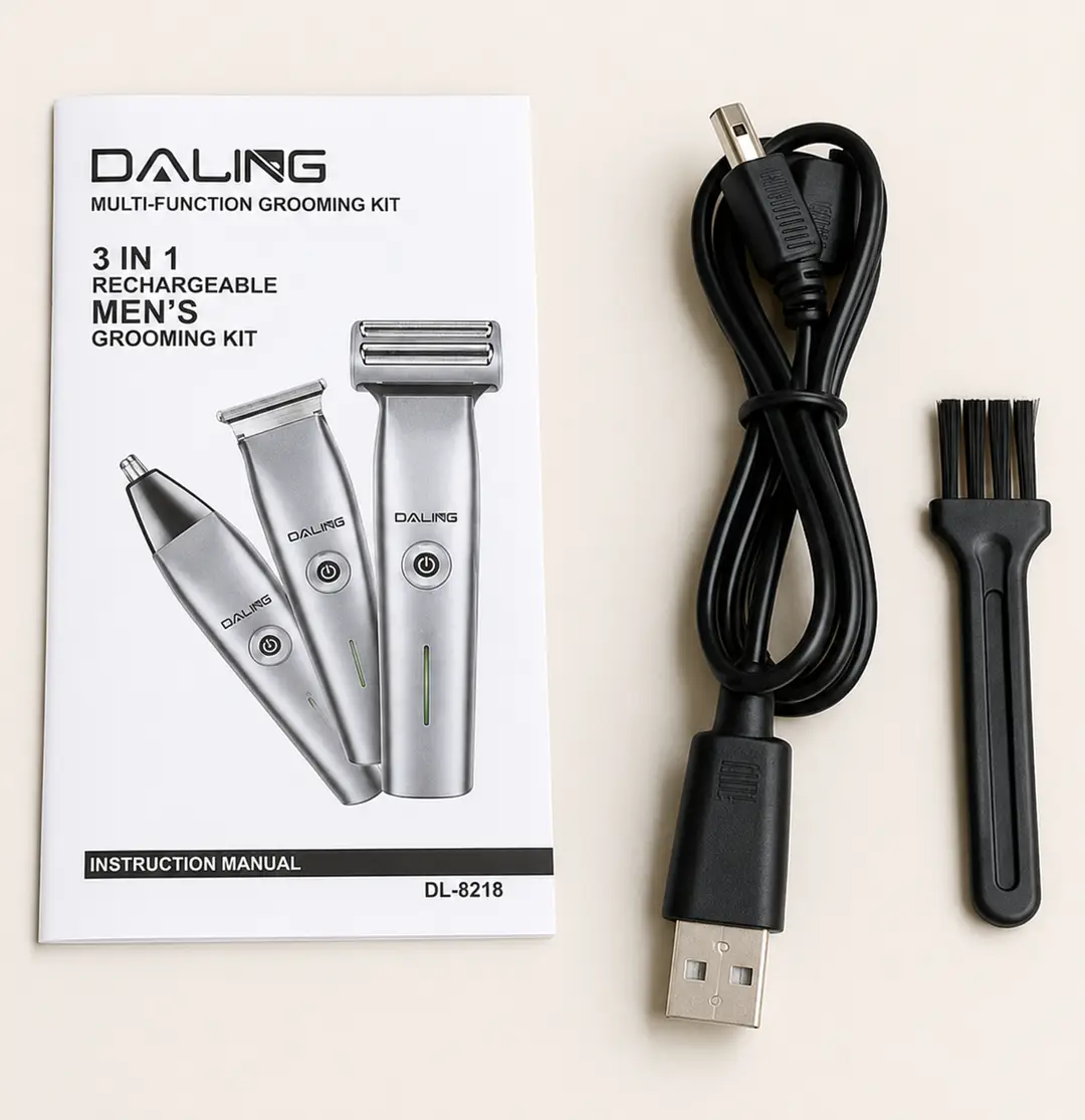 DALING DL-9218 3-in-1 Rechargeable Men's Grooming Kit | Trimmer, Shaver & Nose Hair Trimmer | USB Charging