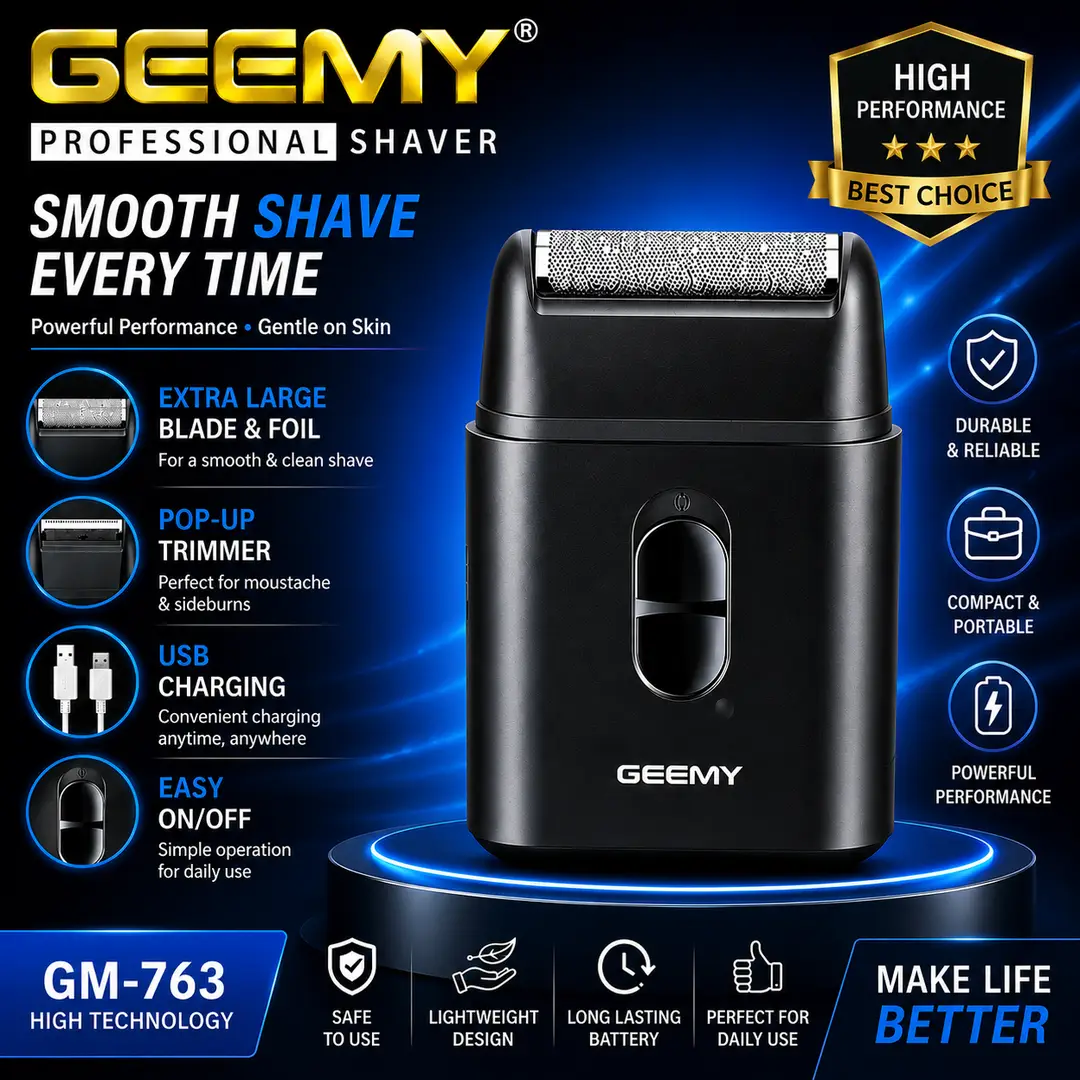 GEEMY GM-7763 Professional Rechargeable Foil Shaver with Pop-Up Trimmer & USB Charging