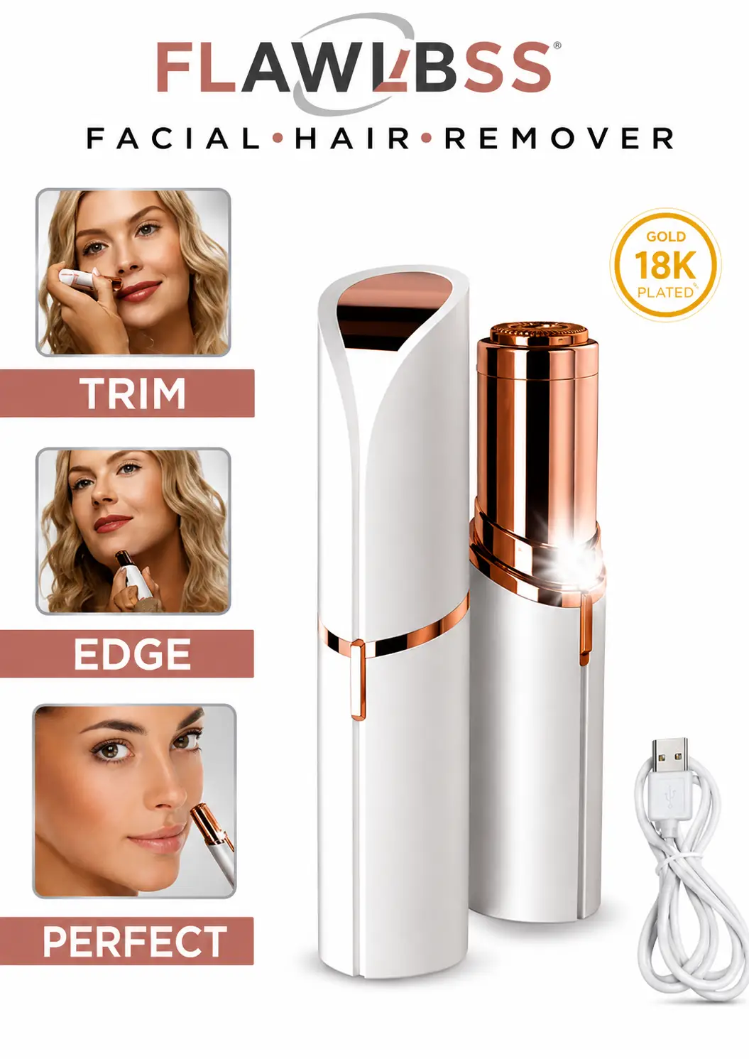 FlawLBSS Rechargeable Facial Hair Remover for Women | USB Electric Eyebrow, Upper Lip & Face Trimmer | Painless Hair Removal