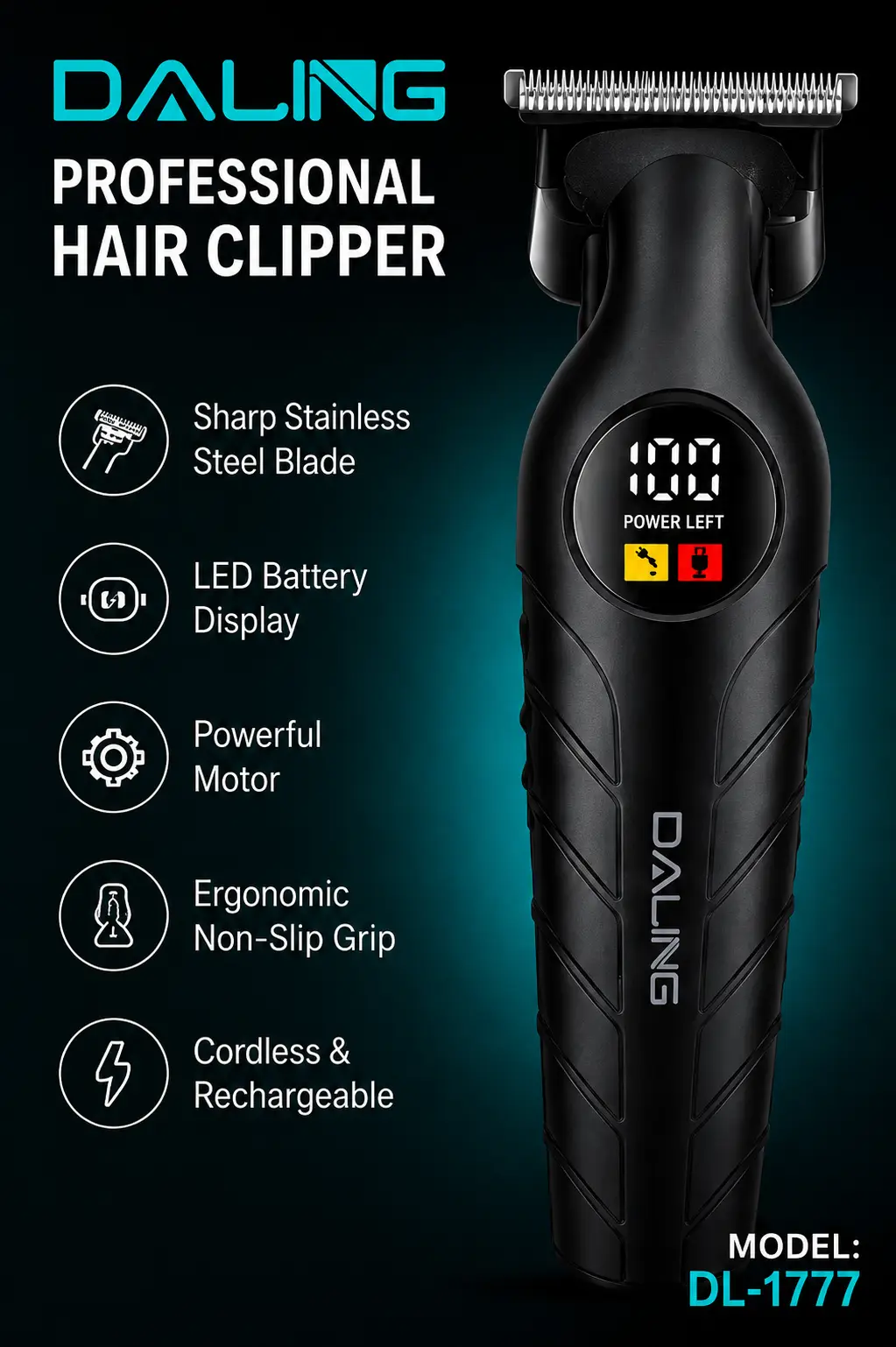 DALING Professional Hair Clipper DL-1777 Cordless Rechargeable Hair & Beard Trimmer with LED Display