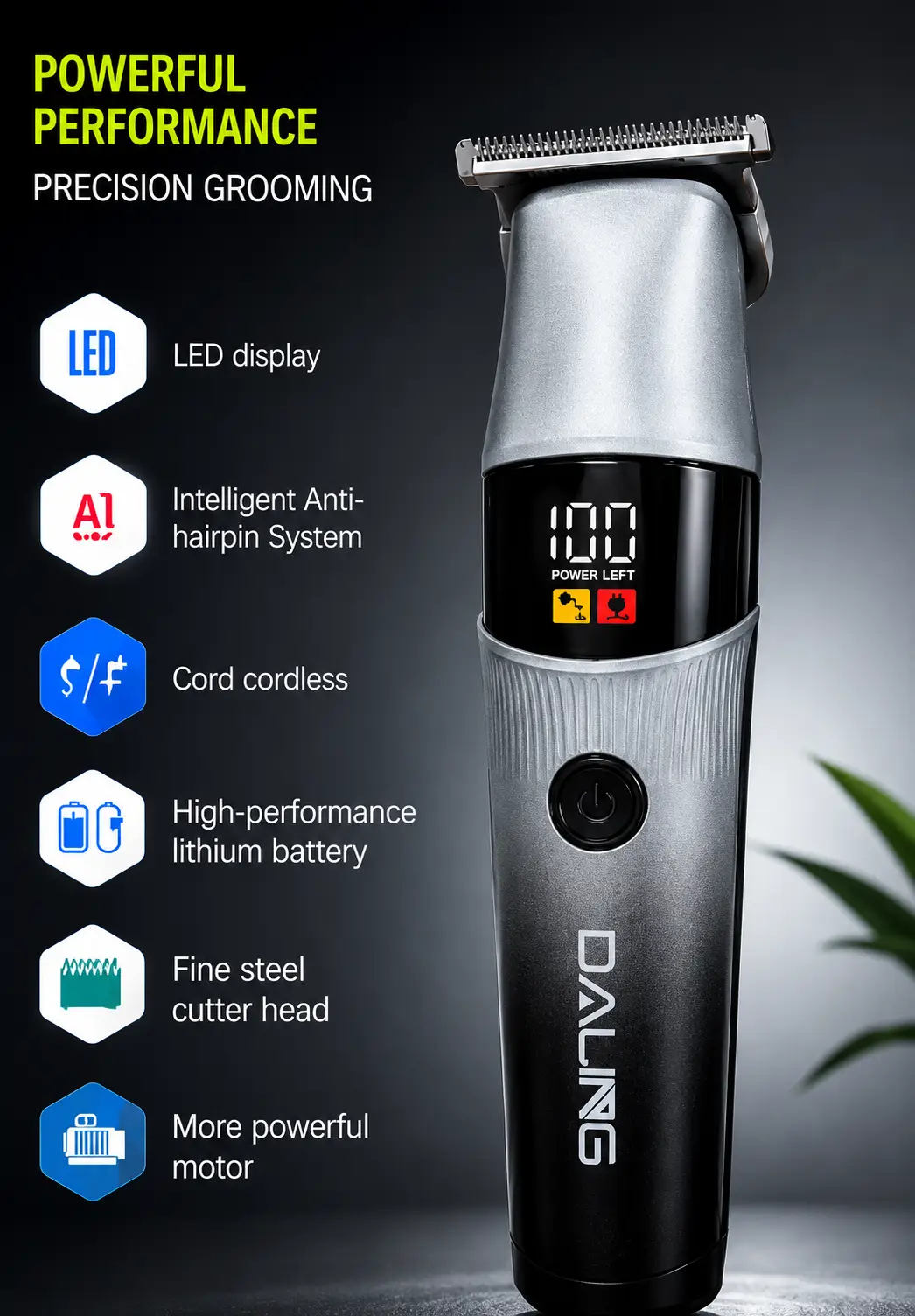 DALING DL-1953 Professional Rechargeable Hair Trimmer & Beard Clipper with LED Power Display – Cord / Cordless