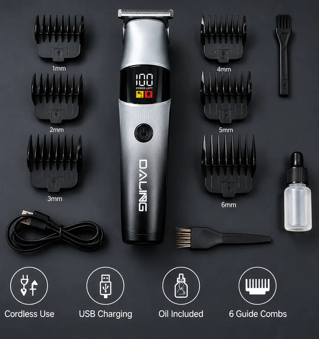 DALING DL-1953 Professional Rechargeable Hair Trimmer & Beard Clipper with LED Power Display – Cord / Cordless