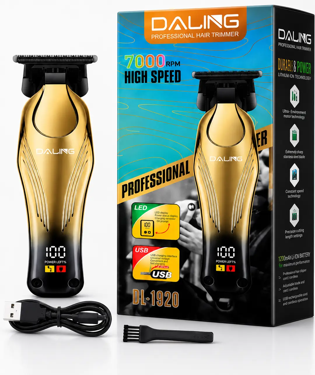 DALING DL-1920 Professional Hair Trimmer | 7000 RPM High-Speed | USB Rechargeable | LED Display | Gold