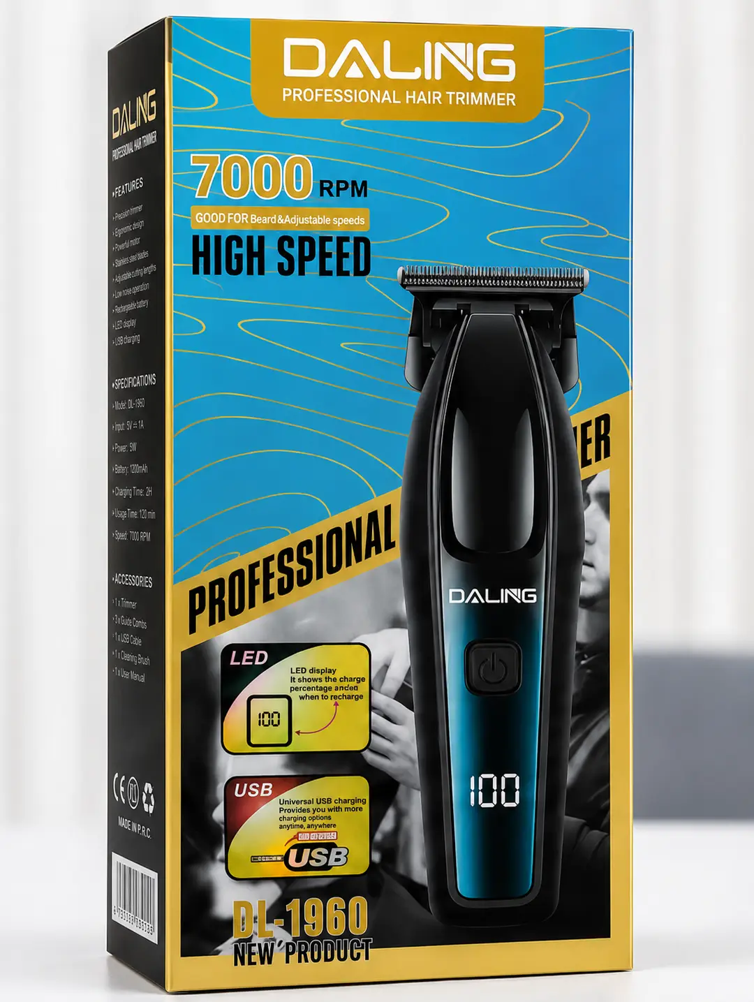 DALING DL-1969 Professional Hair Trimmer | 7000 RPM | Cordless USB Rechargeable | LED Display | Adjustable Speed
