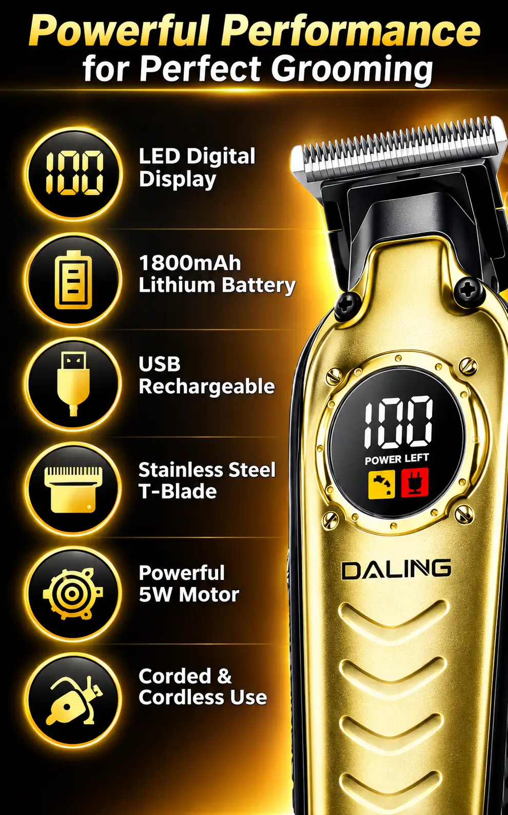 DALING DL-1903 Professional Hair Trimmer for Men | Cordless Rechargeable Beard & Hair Clipper with LED Display
