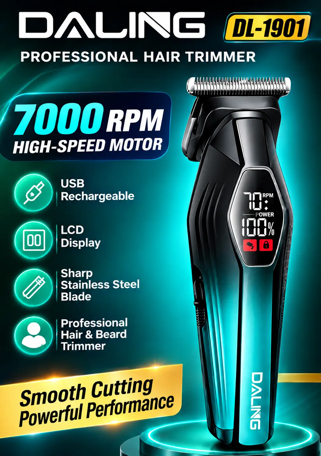 DALING DL-1901 Professional Hair Trimmer | USB Rechargeable | LCD Display | 7000 RPM High-Speed Hair & Beard Clipper