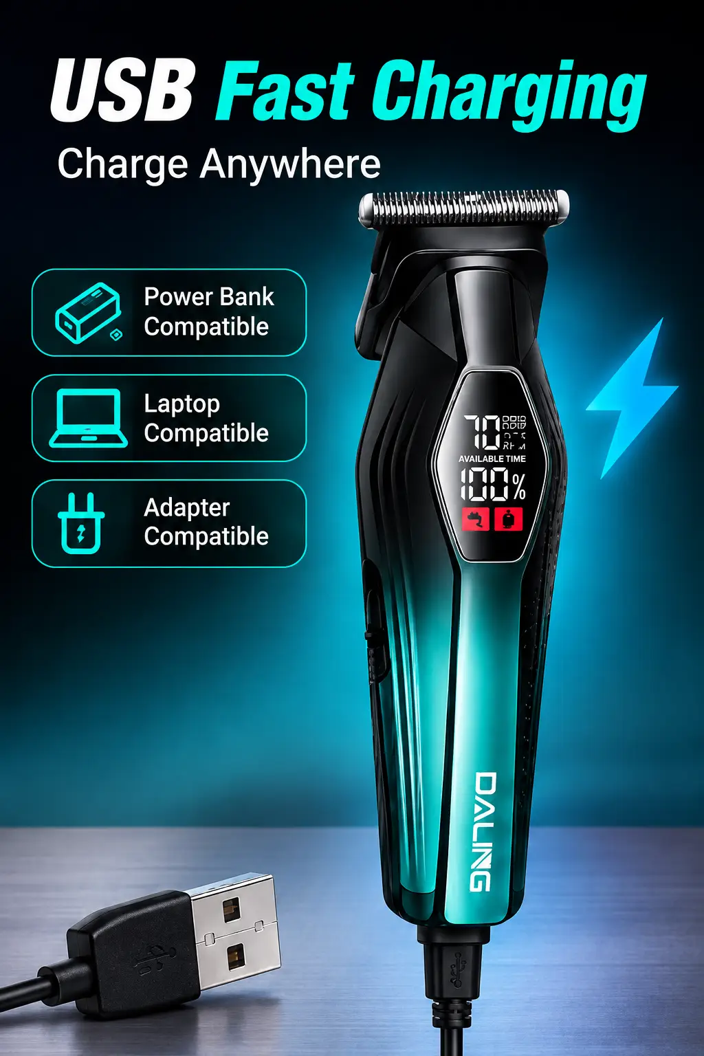 DALING DL-1901 Professional Hair Trimmer | USB Rechargeable | LCD Display | 7000 RPM High-Speed Hair & Beard Clipper