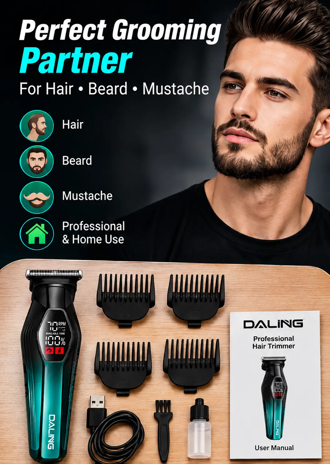 DALING DL-1901 Professional Hair Trimmer | USB Rechargeable | LCD Display | 7000 RPM High-Speed Hair & Beard Clipper