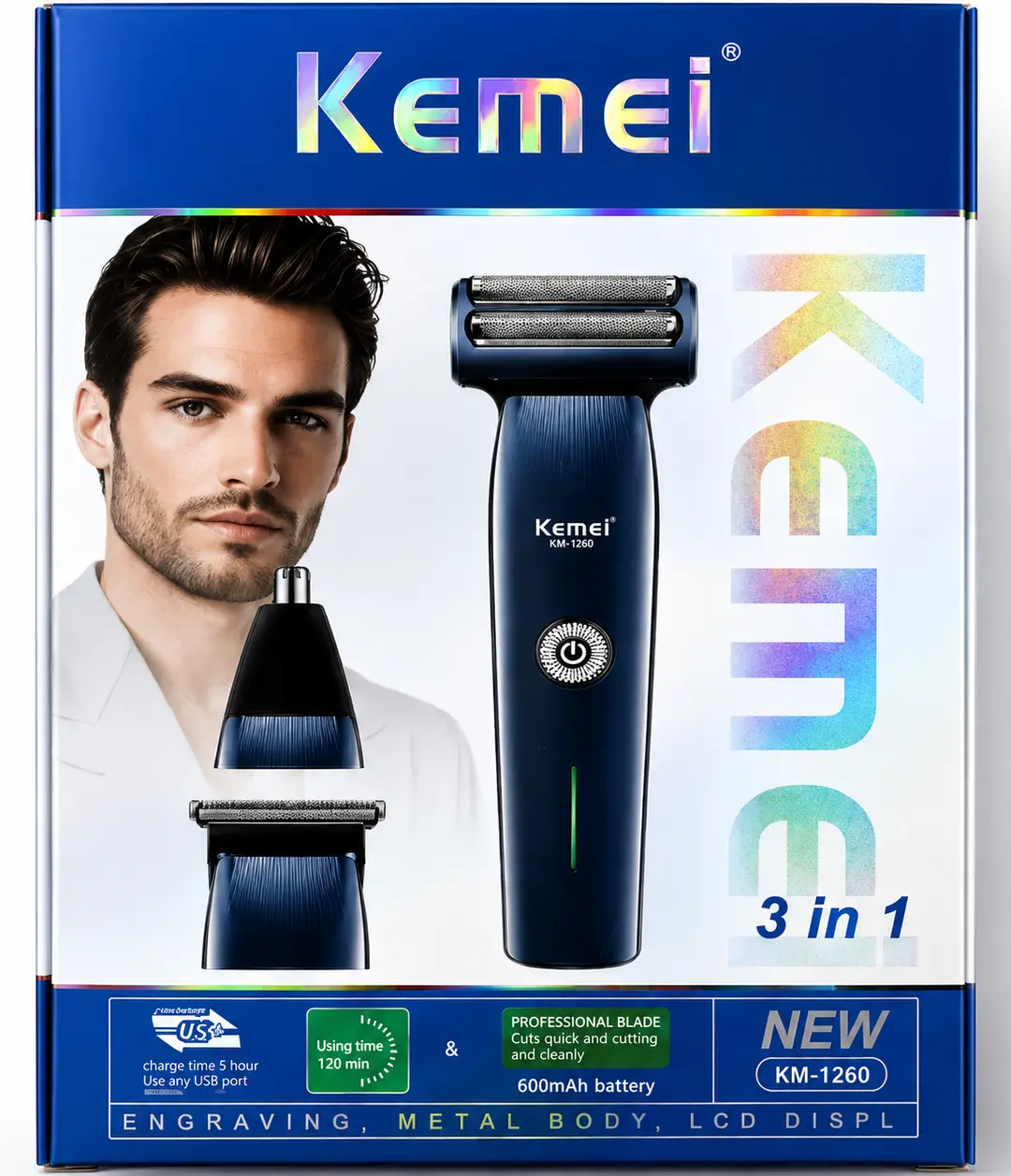 Kemei KM-1260 3-in-1 Rechargeable Electric Shaver, Trimmer & Nose Hair Trimmer for Men