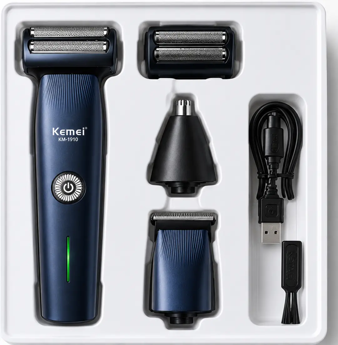 Kemei KM-1260 3-in-1 Rechargeable Electric Shaver, Trimmer & Nose Hair Trimmer for Men