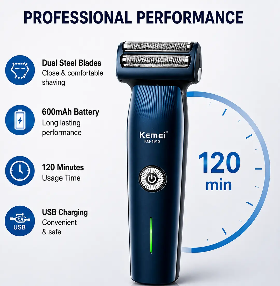 Kemei KM-1260 3-in-1 Rechargeable Electric Shaver, Trimmer & Nose Hair Trimmer for Men