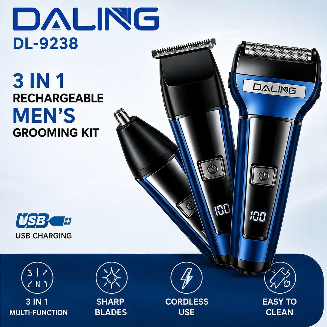 DALING DL-9238 3-in-1 Rechargeable Men's Grooming Kit | Hair Trimmer, Foil Shaver & Nose Trimmer | USB Charging | Professional Grooming Set