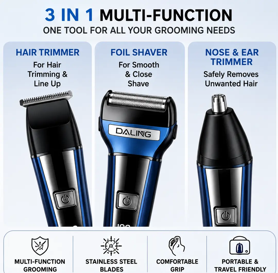 DALING DL-9238 3-in-1 Rechargeable Men's Grooming Kit | Hair Trimmer, Foil Shaver & Nose Trimmer | USB Charging | Professional Grooming Set