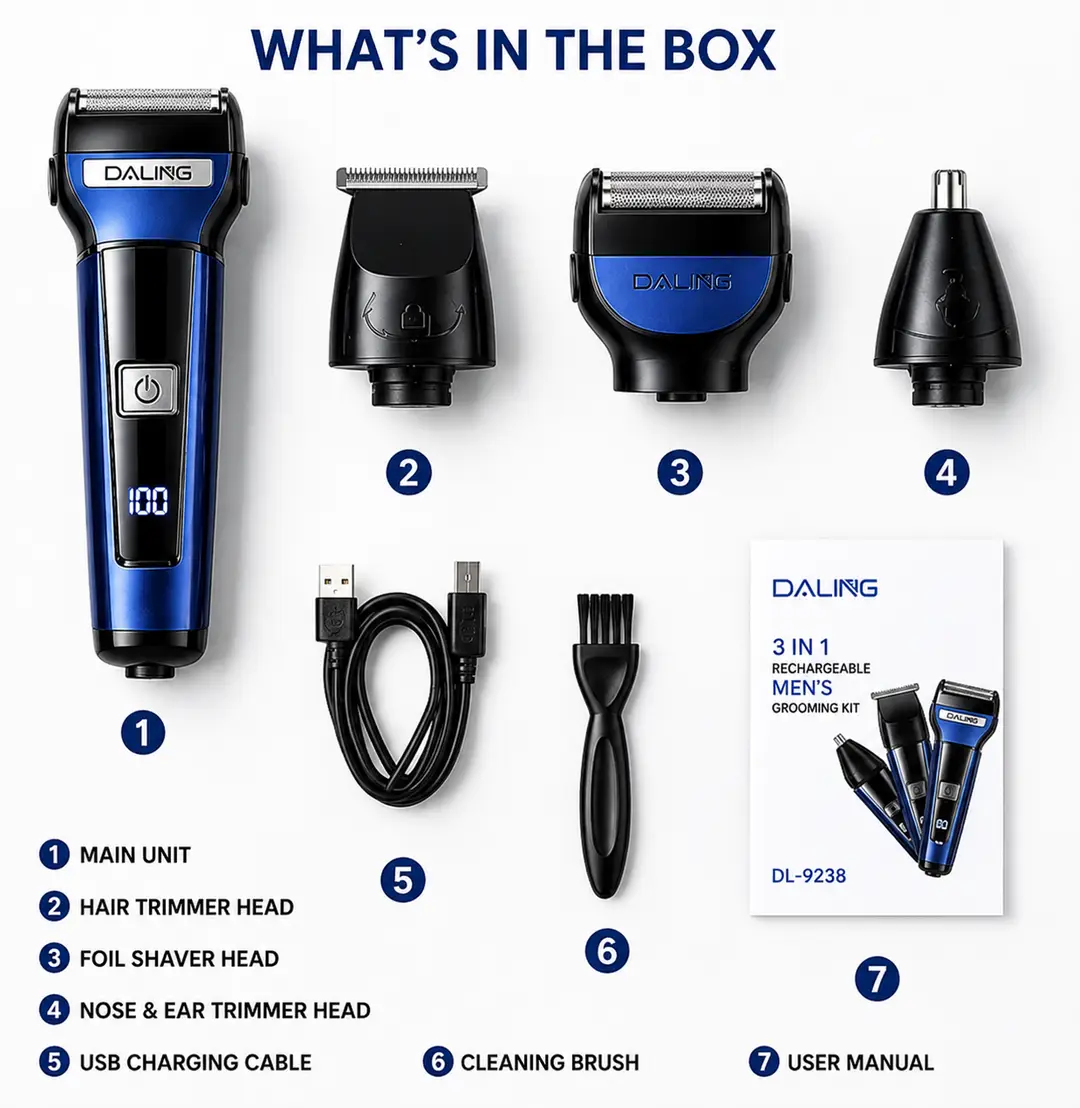 DALING DL-9238 3-in-1 Rechargeable Men's Grooming Kit | Hair Trimmer, Foil Shaver & Nose Trimmer | USB Charging | Professional Grooming Set