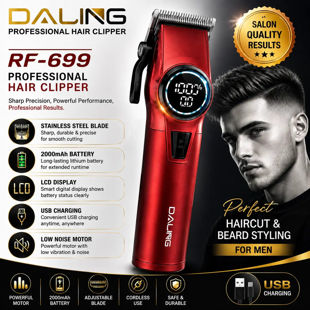 DALING RF-699 Professional Hair Clipper – Premium Rechargeable Cordless Trimmer with LCD Display