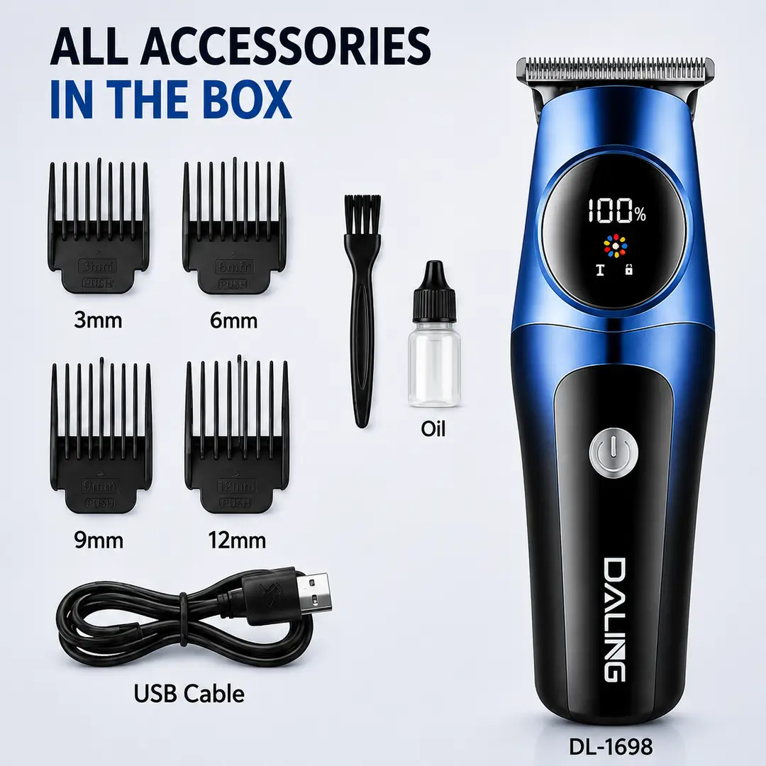 DALING DL-1698 Professional Hair Clipper – USB Rechargeable Hair & Beard Trimmer with LED Display | 1200mAh Battery