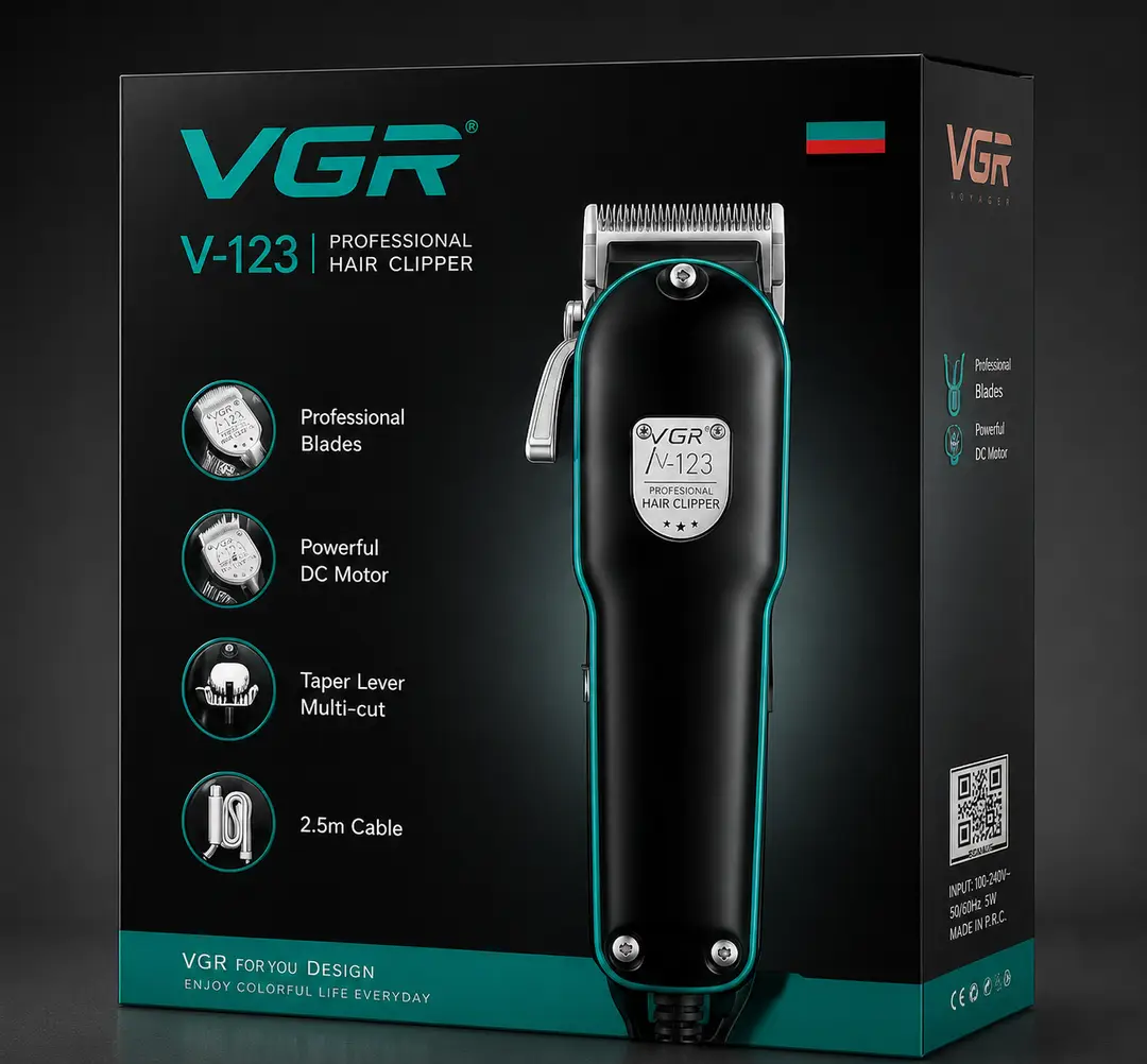 VGR V-123 Professional Hair Clipper for Men – Powerful DC Motor, Stainless Steel Blades, Taper Lever & 2M Power Cable