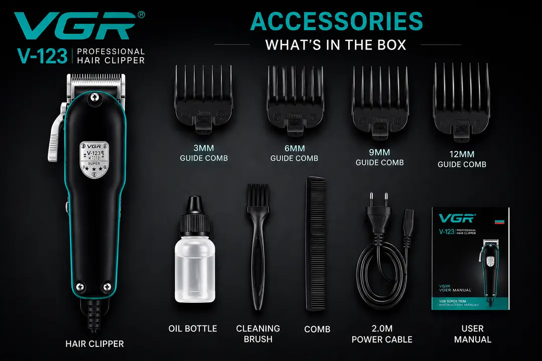 VGR V-123 Professional Hair Clipper for Men – Powerful DC Motor, Stainless Steel Blades, Taper Lever & 2M Power Cable