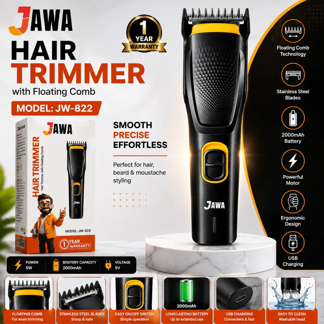 JAWA JW-822 Professional Hair Trimmer with Floating Comb, Stainless Steel Blades, Powerful Motor & Rechargeable Battery