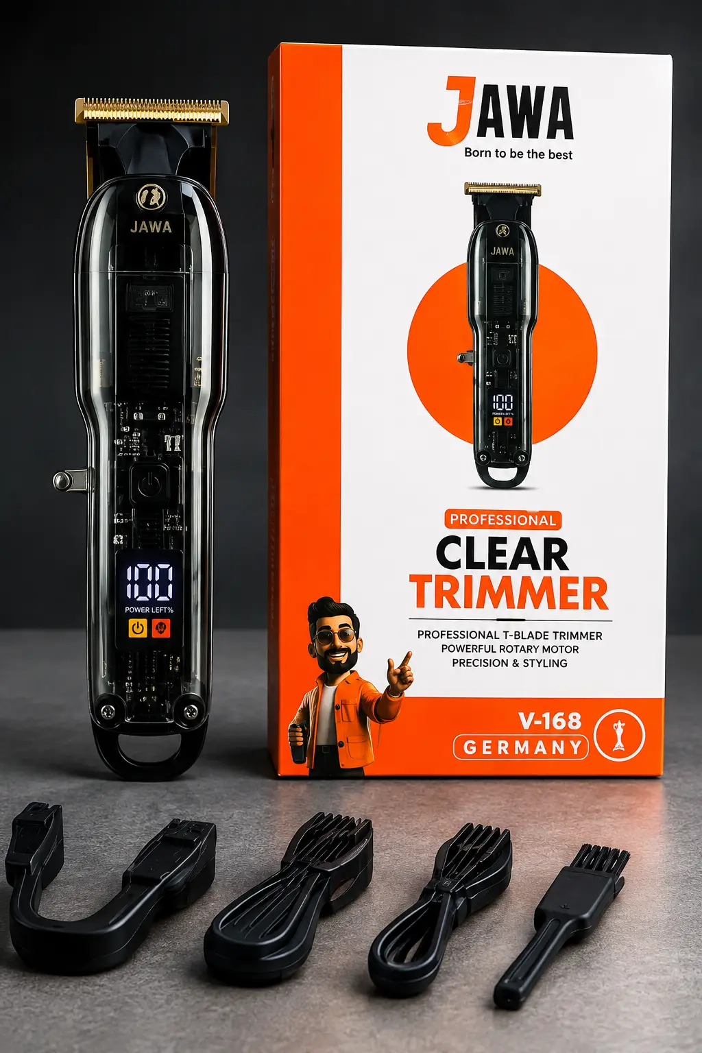 JAWA JW-814 Professional Clear Trimmer for Men – Rechargeable Hair, Beard & Mustache Trimmer with LED Digital Display, Stainless Steel Blade & USB Charging