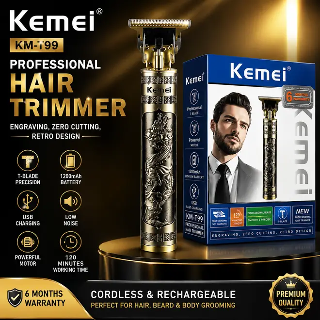Kemei KM-T99 Professional Hair Trimmer – 1200mAh Rechargeable T-Blade Hair Clipper & Beard Trimmer