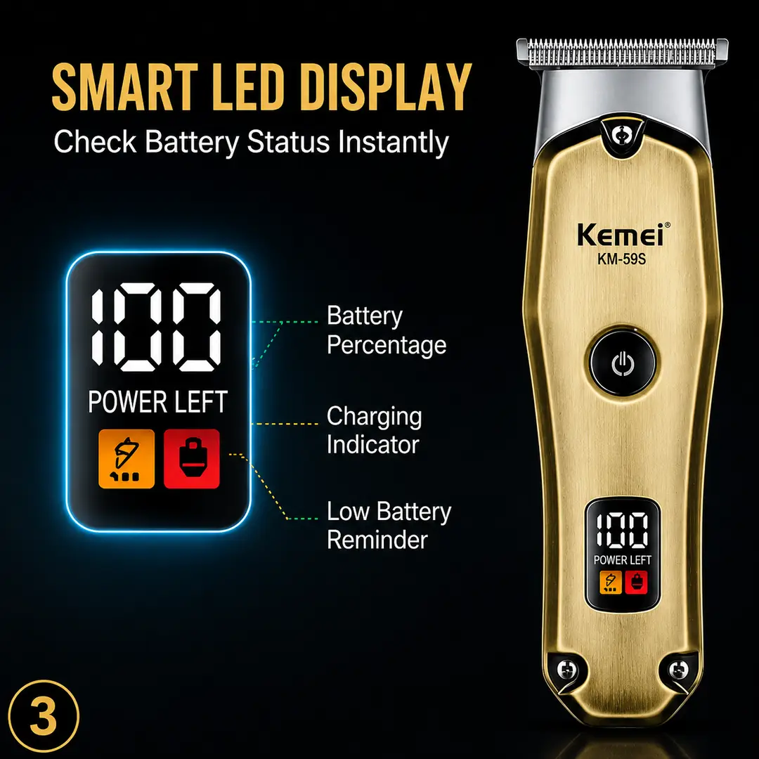 KEMEI KM- 595Professional Hair & Beard Trimmer – USB Rechargeable Cordless Grooming Machine with Digital Display