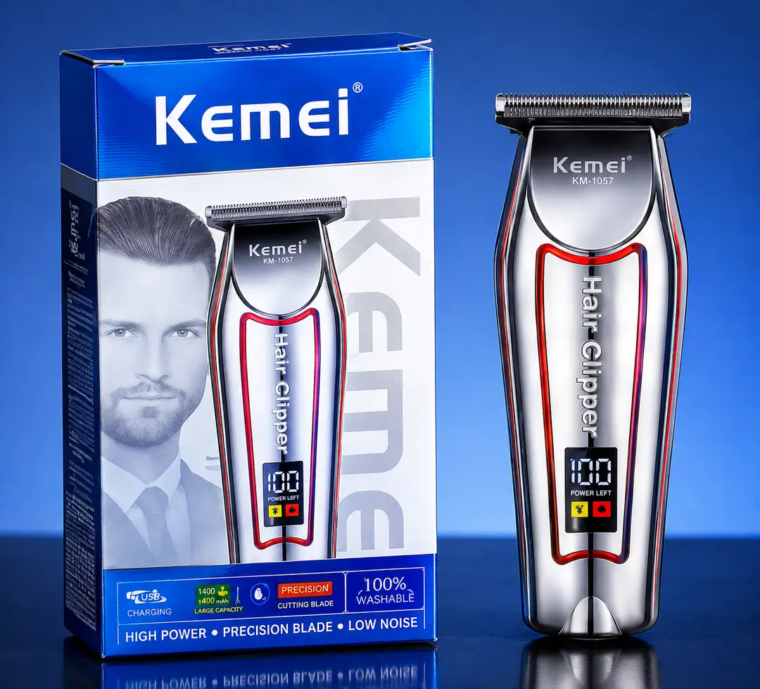 Kemei KM-034 Professional Hair Clipper – Cordless Rechargeable Hair & Beard Trimmer with Digital Display, Stainless Steel T-Blade & Powerful Motor